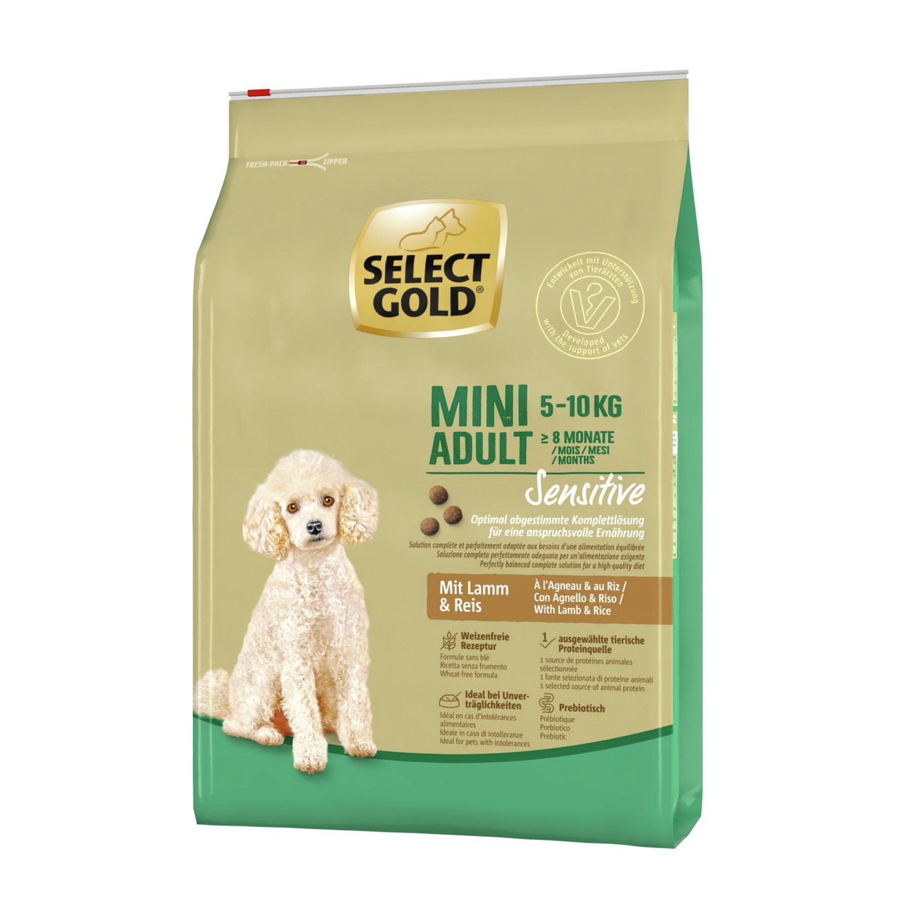 Select Gold Mini Adult Sensitive, Hundefutter (5–10 kg, ab 8 Mon.), Lamm & Reis, weizenfrei, für empfindl. Hunde, 1 kg.