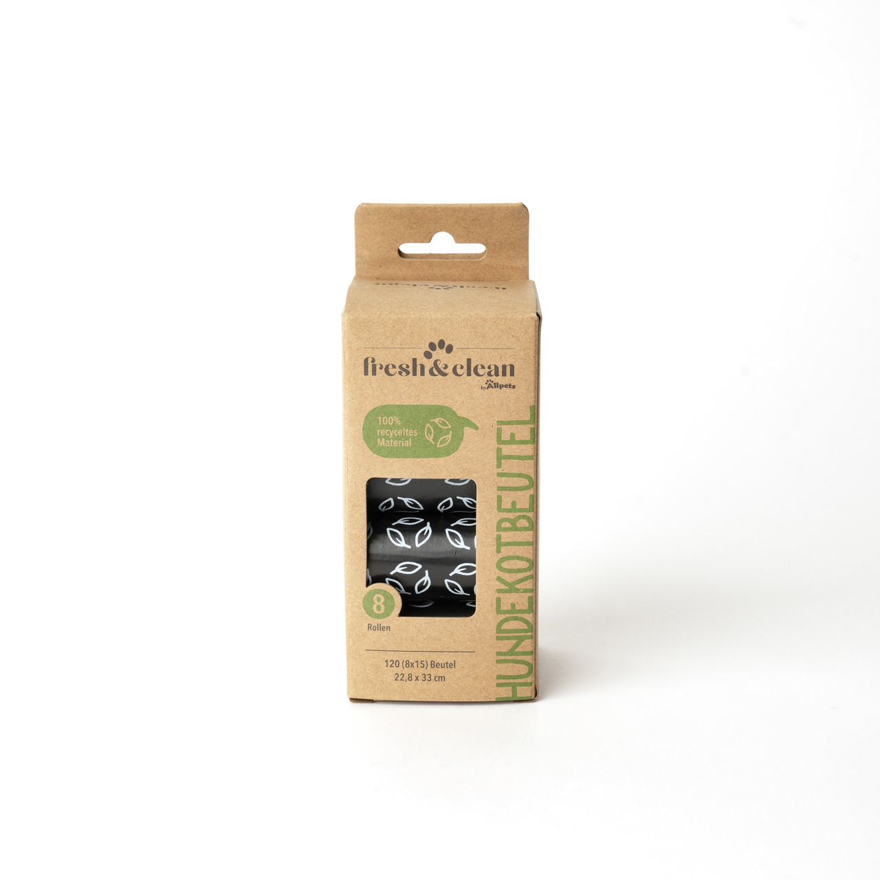 Das Bild zeigt eine Verpackung der Marke Allpets mit der Aufschrift „fresh & clean“. Es handelt sich um Hundekotbeutel, die aus 100 % recyceltem Material bestehen. Die Packung enthält 8 Rollen mit insgesamt 120 Beuteln (8 x 15 Beutel) in der Größe 22,8 x 