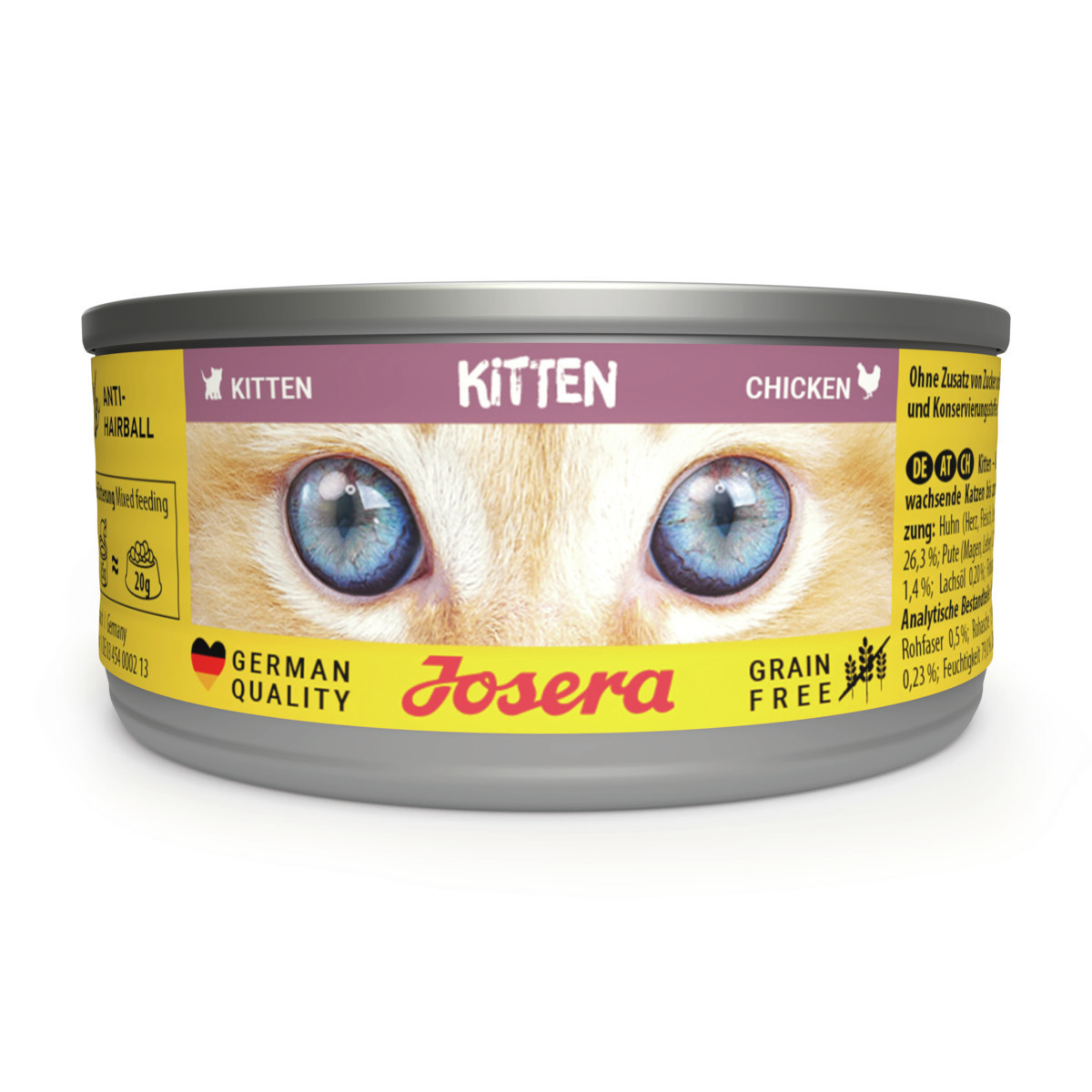 Josera Kitten Chicken, getreidefreies Katzenfutter für junge Katzen, Huhn, 200 g, auffälliges Design mit Katzenmotiv.