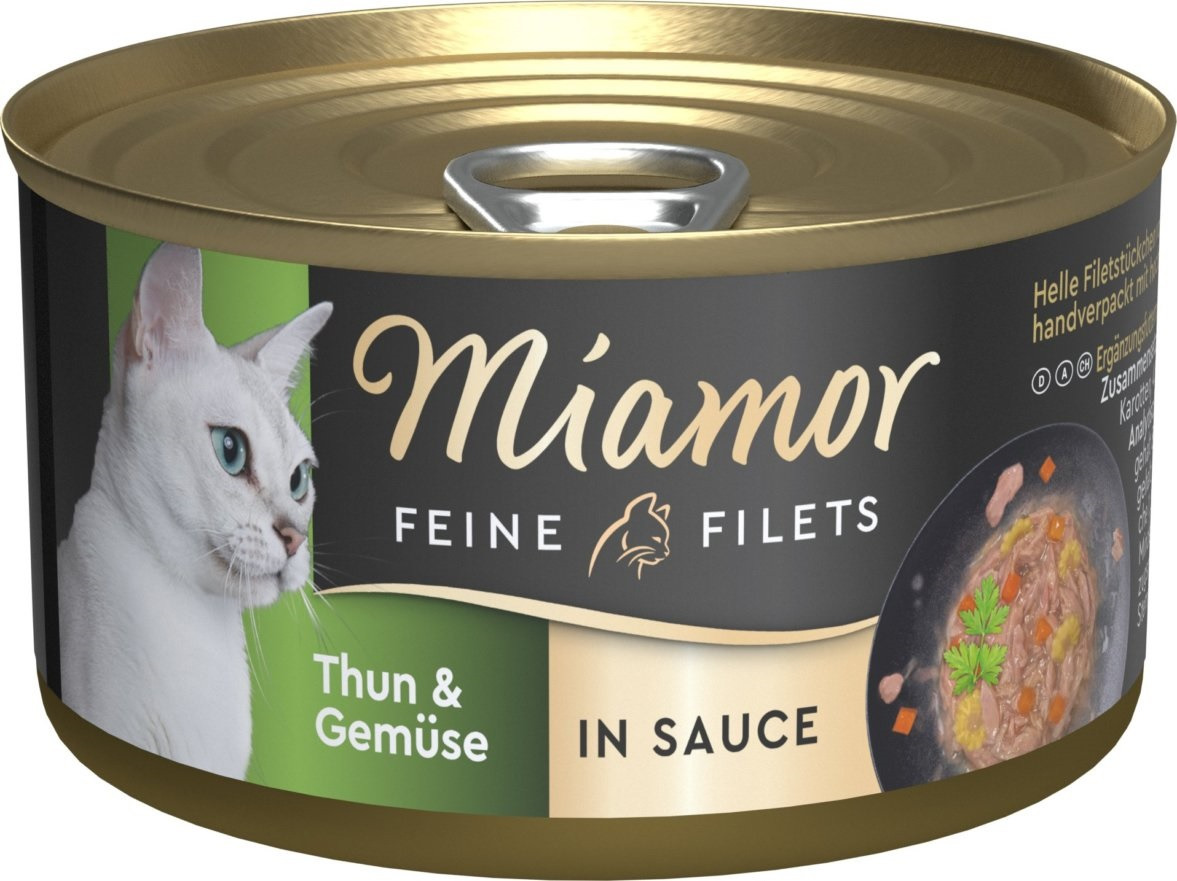 Das Bild zeigt eine Dose Katzenfutter der Marke Miamor mit der Aufschrift „Feine Filets“. Die Geschmacksrichtung ist Thunfisch und Gemüse in Sauce. Zielgruppe sind Katzen. Die Verpackung hebt hervor, dass helle Filetstücke handverpackt sind. Die Menge ist