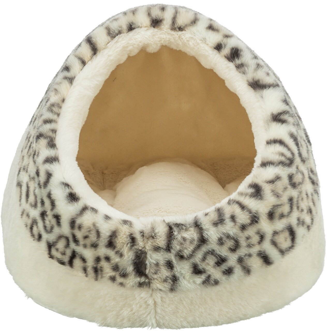 TRIXIE Kuschelhöhle Leopard für Katzen, gemütlich und stilvoll, beige mit Leopardenmuster, ideal für Schutz und Wärme.