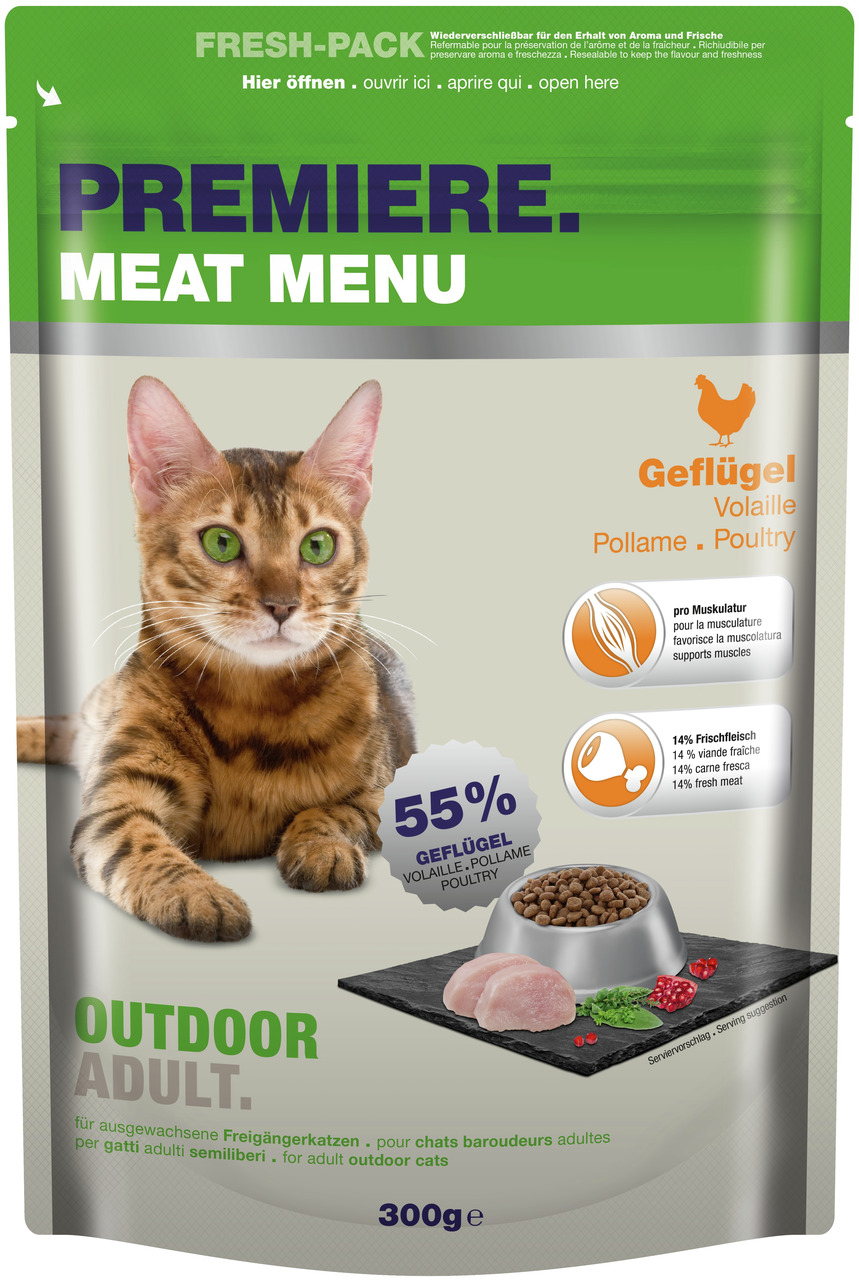 Das Bild zeigt eine Verpackung des Katzenfutters „PREMIERE Meat Menu Outdoor Adult“ mit Geflügelgeschmack. Es ist speziell für ausgewachsene Freigängerkatzen entwickelt. Die Verpackung enthält 300 g und wirbt mit 55 % Geflügelanteil sowie 14 % Frischfleis