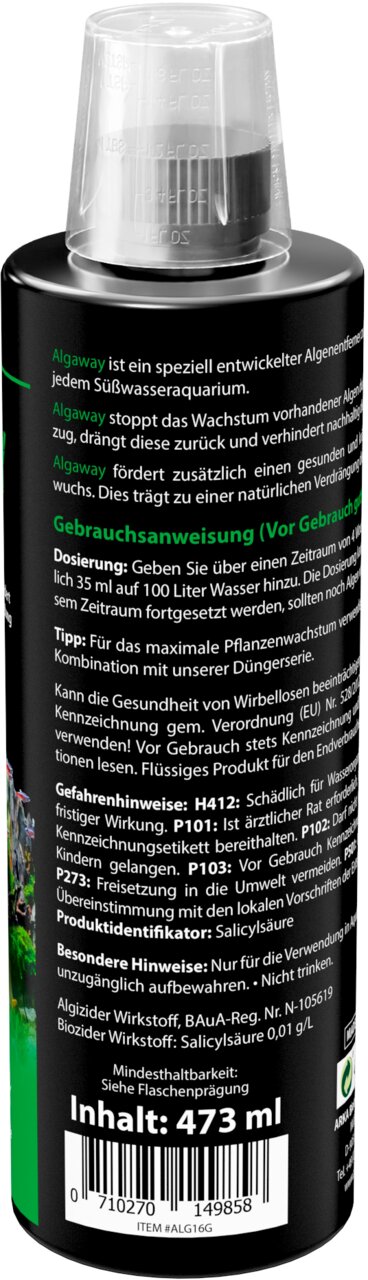 ARKA Algaway Algenentferner für Süßwasseraquarien, für Aquarienpflanzen, hemmt Algenwachstum, Inhalt 473 ml.