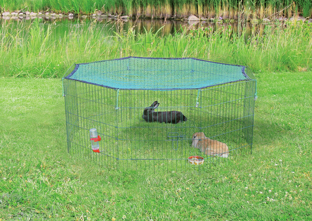 TRIXIE Freigehege für Kleintiere (z. B. Kaninchen), Metallgitter, blaues Netz gg. Raubvögel, inkl. Trinkflasche & Napf, ideal im Garten.
