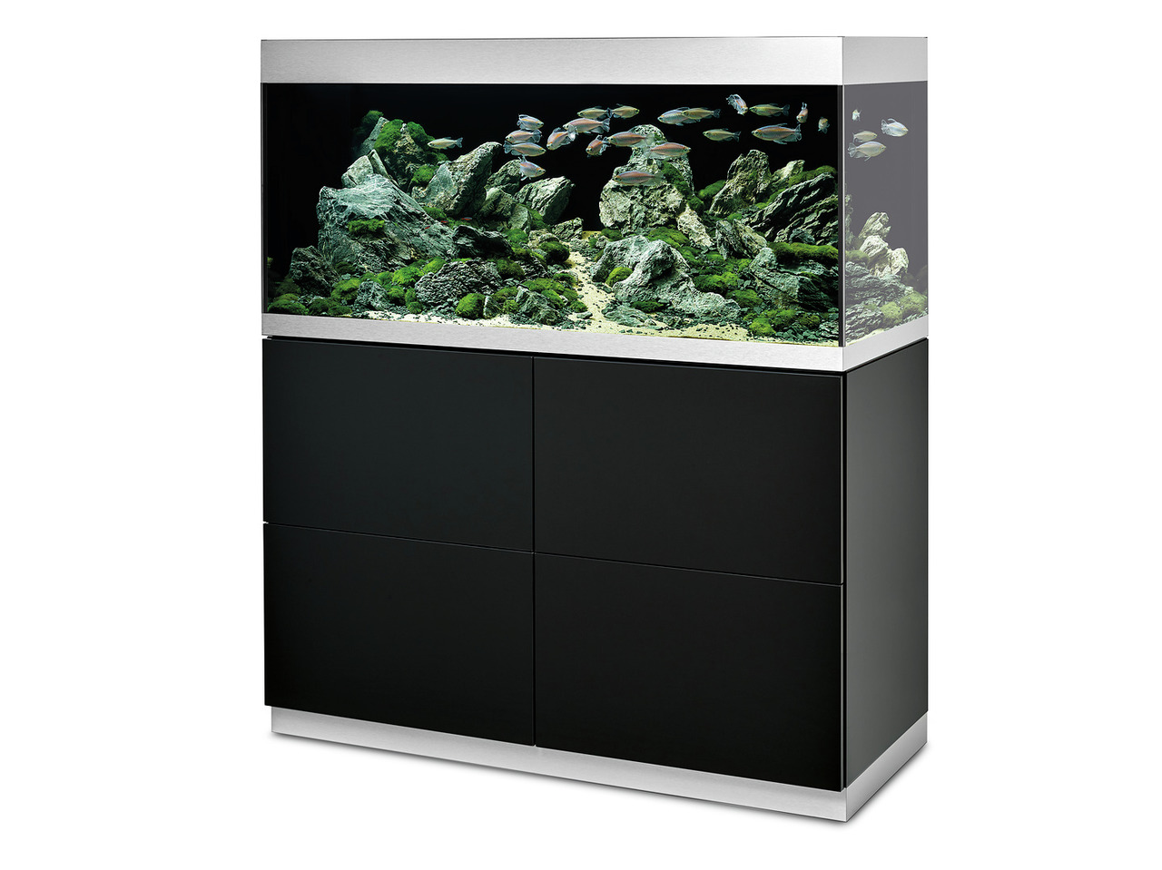 Oase HighLine Aquarium 200, für Süßwasserfische, 200 L, mit modernem schwarzem Unterschrank, ideal für beeindruckende Unterwasserlandschaften.