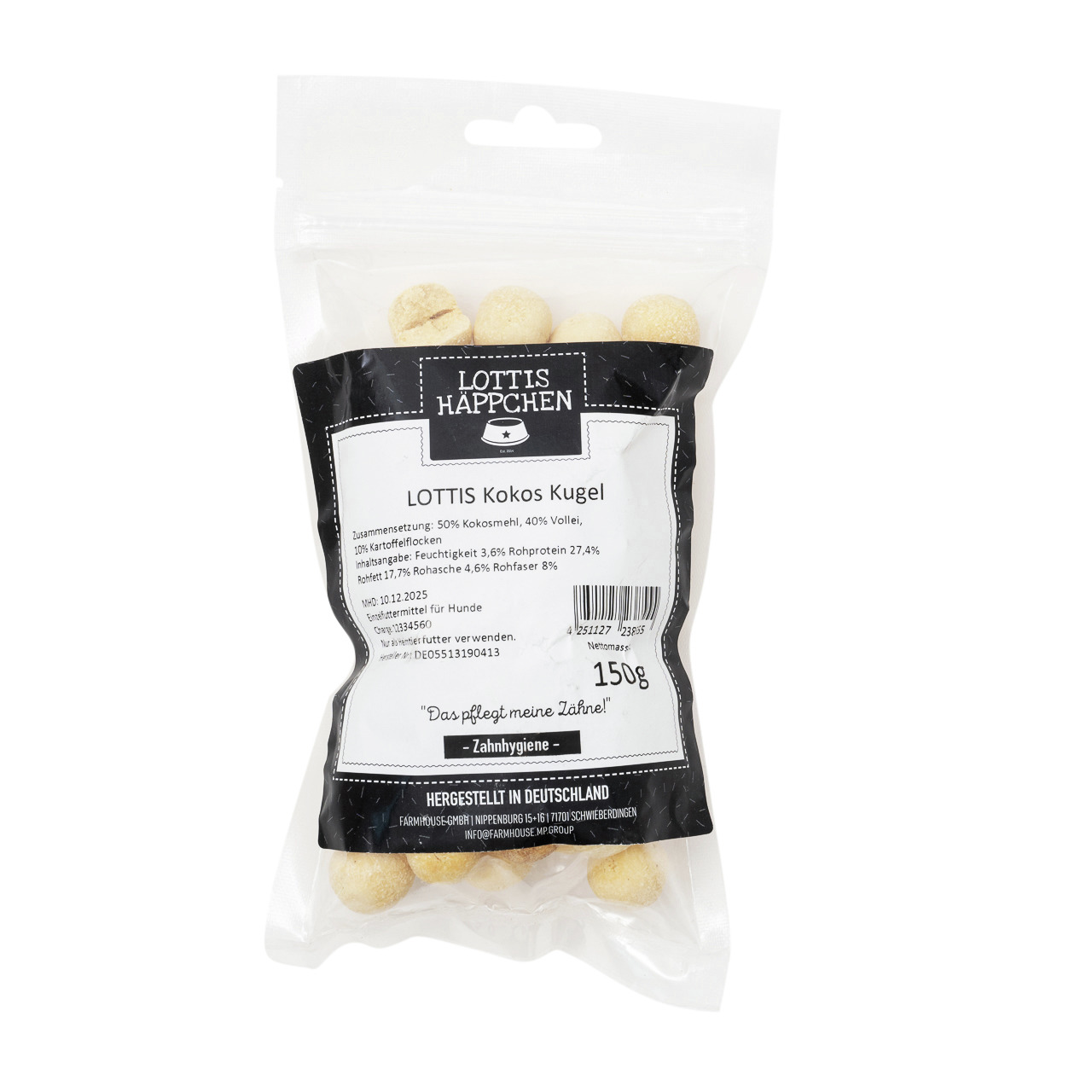 LOTTIS HÄPPCHEN Kokos Kugel für Hunde, 150 g, Zahnhygiene, 50 % Kokosmehl, 40 % Vollei, 10 % Kartoffelflocken, „Das pflegt meine Zähne!“