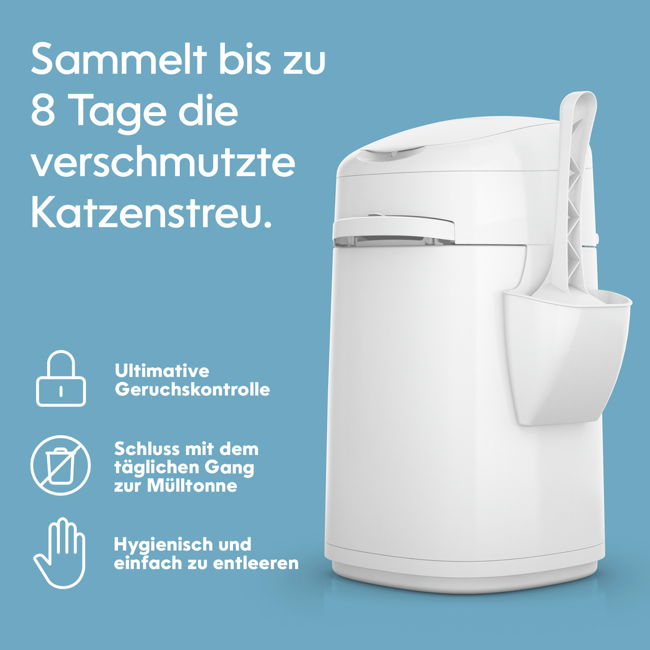 Das Bild zeigt den LitterLocker, einen weißen Katzenstreu-Entsorgungseimer mit Schaufelhalterung, ideal für Katzenbesitzer. Er bietet Platz für bis zu 8 Tage verschmutzte Streu, sorgt für ultimative Geruchskontrolle und ist hygienisch sowie einfach zu ent