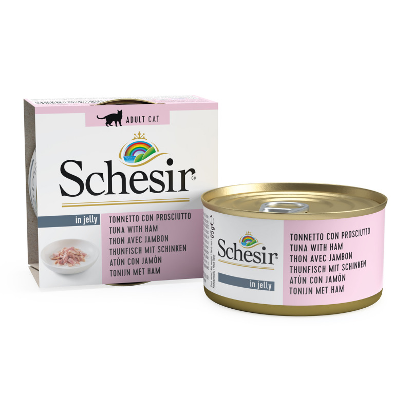 Schesir Katzenfutter, Thunfisch+Schinken in Gelee, für ausgewachsene Katzen, 85 g, hochwertig.