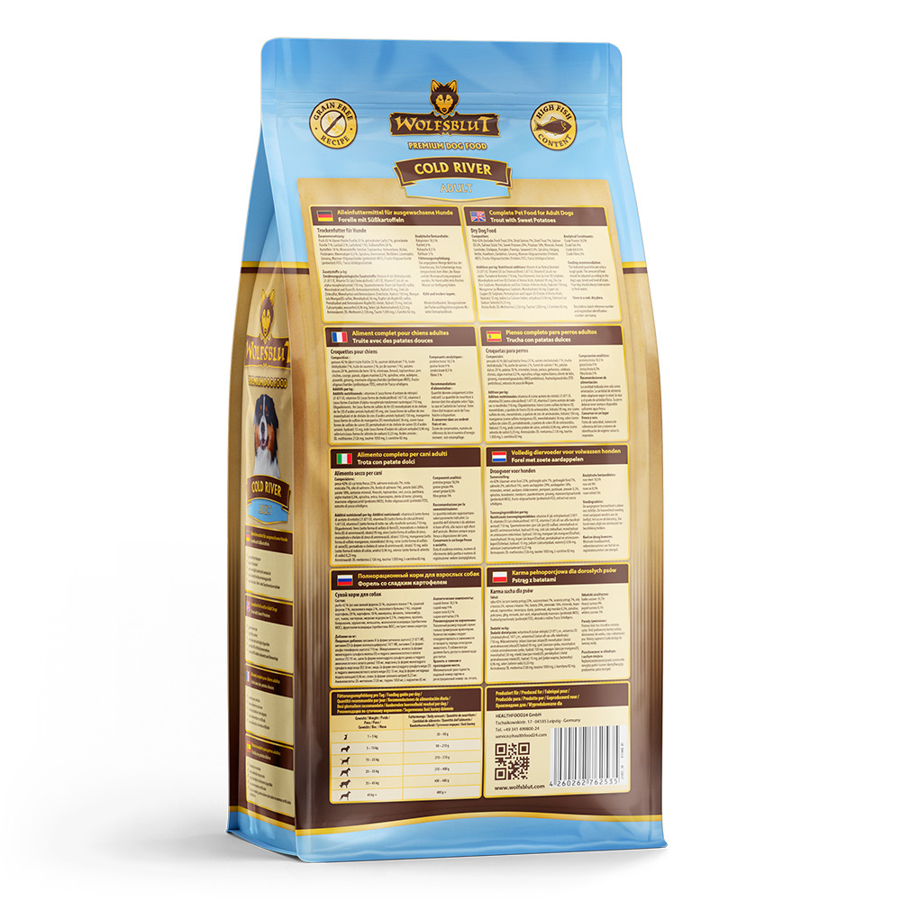 WOLFSBLUT Cold River Adult, Premium-Trockenfutter für ausgewachsene Hunde, Forelle & Süßkartoffel, 15 kg, für alle Rassen.