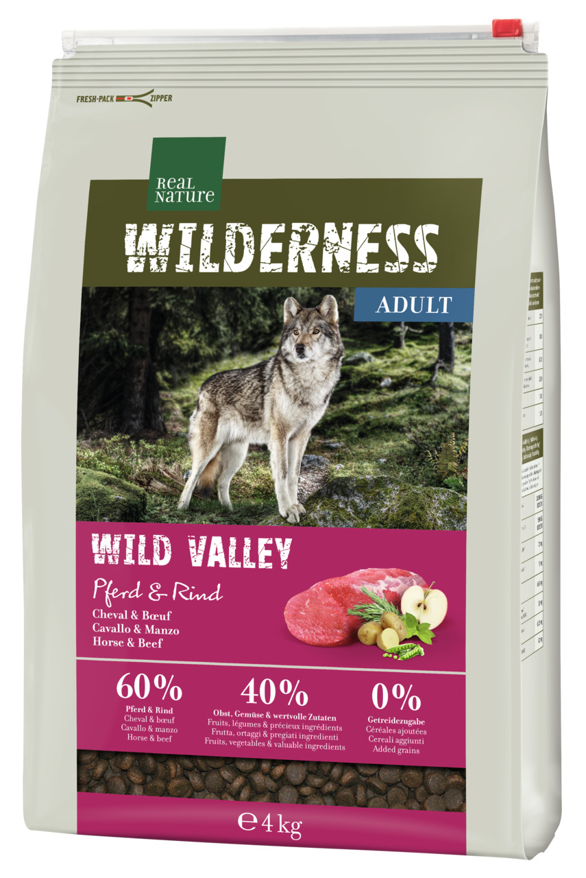REAL NATURE WILDERNESS Wild Valley Adult, für ausgew. Hunde, Pferd & Rind, 60 % Fleisch, 0 % Getreide, 4 kg.