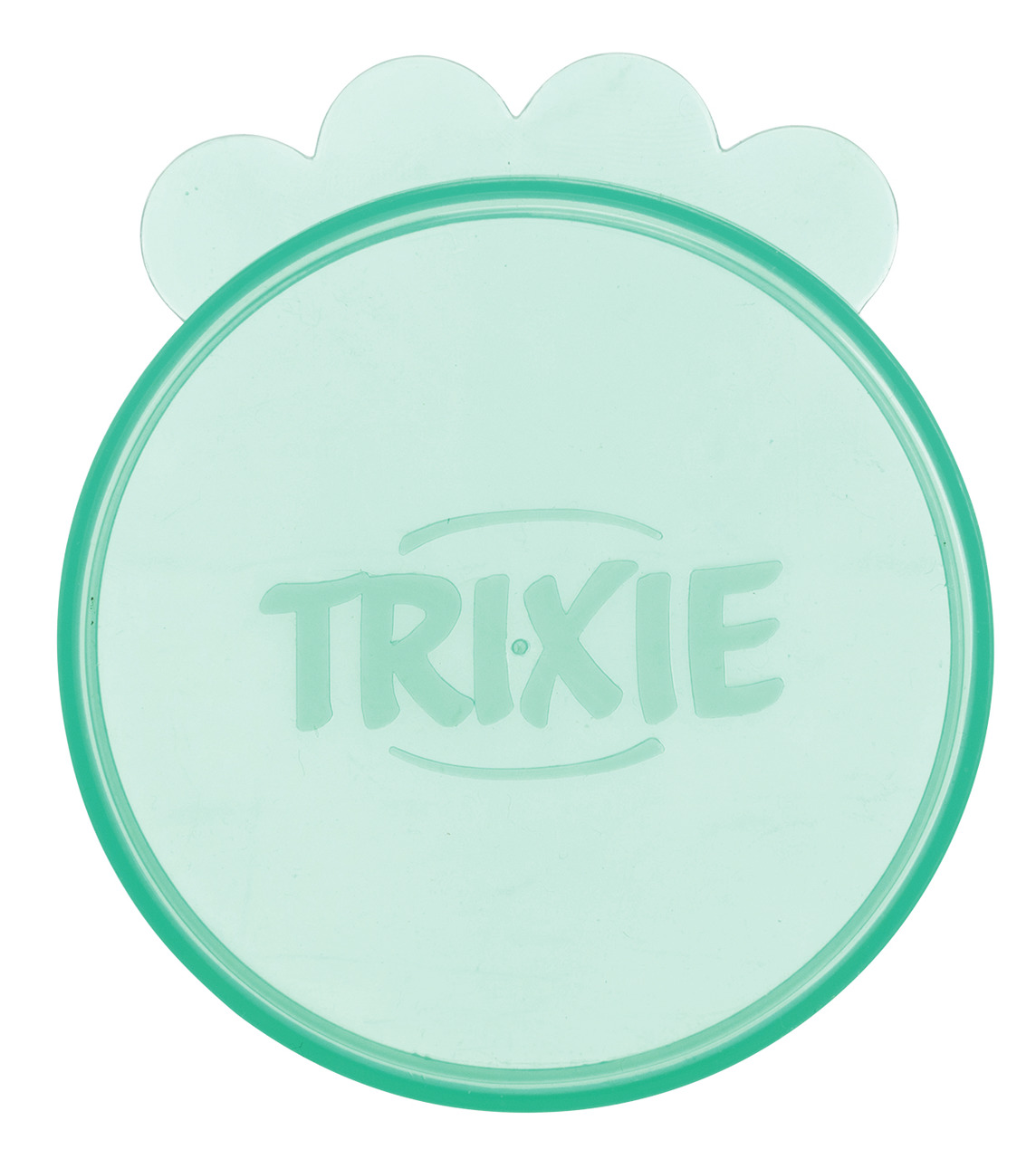 Das Bild zeigt einen runden, mintgrünen Deckel der Marke TRIXIE, speziell für Tierfutterdosen. Der Deckel ist aus flexiblem Kunststoff gefertigt und hat eine pfotenförmige Lasche für einfaches Öffnen. Er eignet sich für Haustierbesitzer, um geöffnete Dose