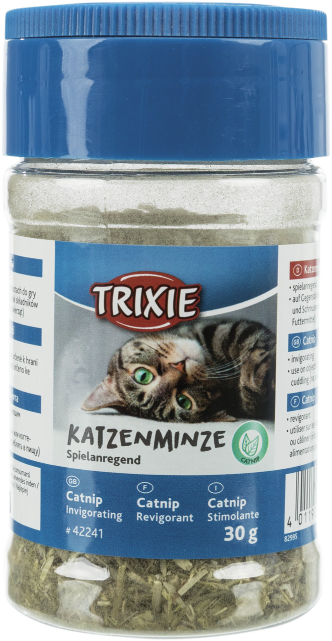 TRIXIE Katzenminze, spielanregend für Katzen, 30 g, im Kunststoffbehälter mit blauem Deckel, getrocknet.