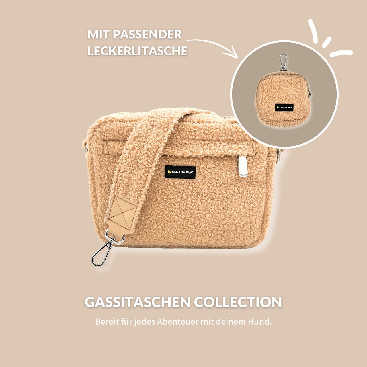 Banana Paw Gassitasche mit passender Leckerlitasche, beige, ideal für Hundeausflüge. Praktisch und stilvoll zugleich.