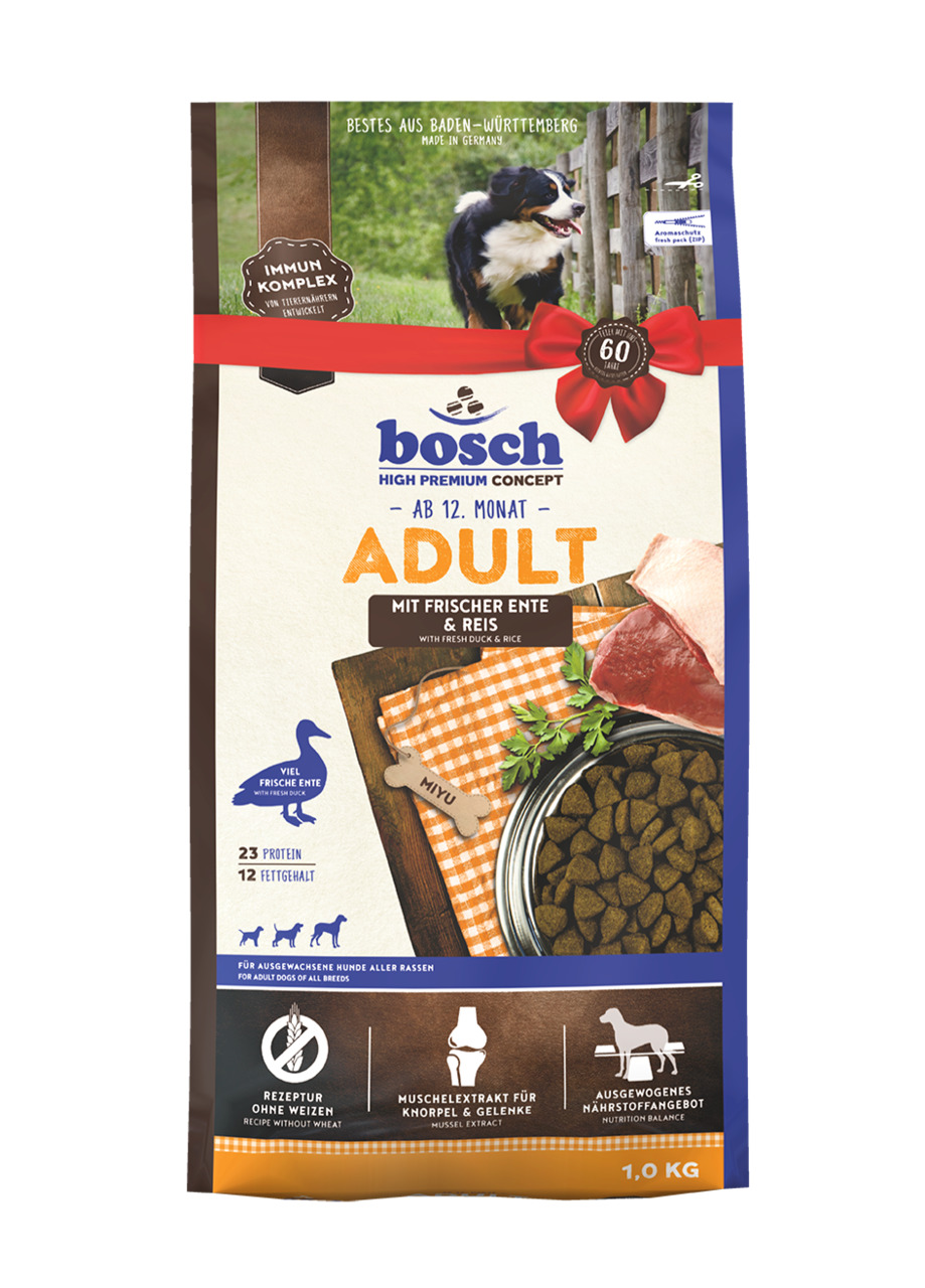 Bosch High Premium Concept Hundefutter, 1 kg, für Hunde ab 12 Mon., Ente & Reis, weizenfrei, 23 % Protein, 12 % Fett, mit Muschelextrakt.