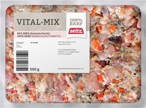 Seitz Vital-Mix, BARF-Ergänzungsfutter f. Hunde, 86% Rind, dt. Zucht, 500 g, Fleisch-Gemüse-Mix, 100% natürlich.