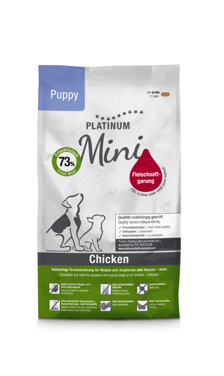 Das Bild zeigt eine Verpackung des Hundefutters "PLATINUM Mini Puppy Chicken". Es handelt sich um ein Trockenfutter für Welpen und Junghunde aller Rassen mit Huhn als Geschmacksrichtung. Die Verpackung hebt hervor, dass das Futter zu 73 % aus Frischfleisc