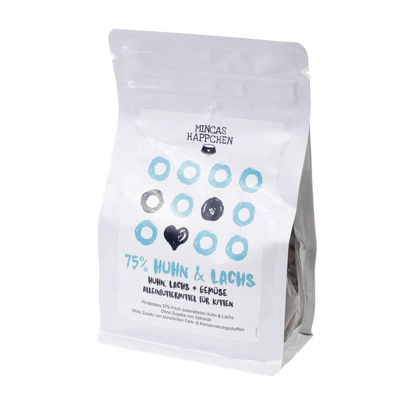 Mincas „Mincas Häppchen“: Alleinfutter f. Katzen, Huhn, Lachs & Gemüse, 75 % Huhn/Lachs, getreidefrei, ohne künstl. Farb-/Konservierungsstoffe.