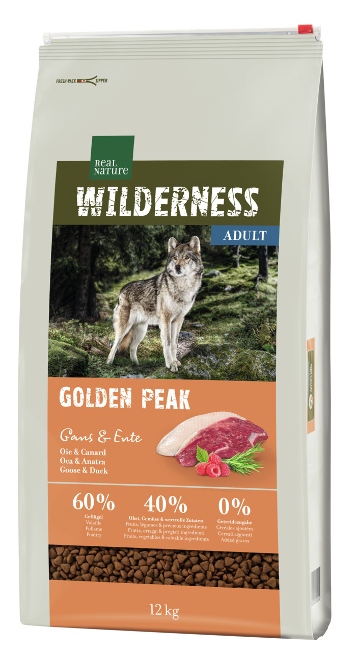 REAL NATURE WILDERNESS GOLDEN PEAK, Hundefutter f. erwachsene Hunde, Gans & Ente, 12 kg, 60% Geflügel, 0% Getreide, naturnahe Rezeptur.