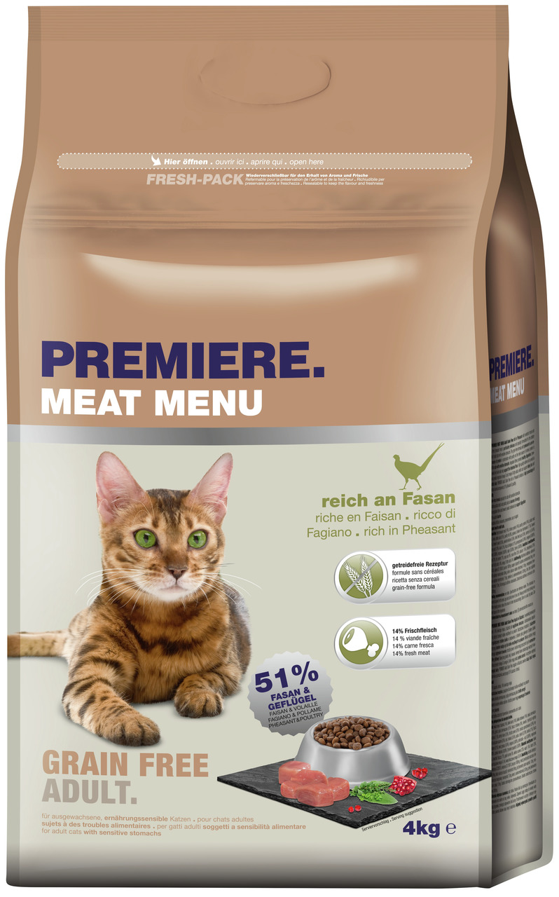 PREMIERE Meat Menu, Katzenfutter f. ausgew. Katzen, Fasan & Geflügel, getreidefrei, 51 % tier. Proteine, 14 % Frischfleisch, 4 kg.