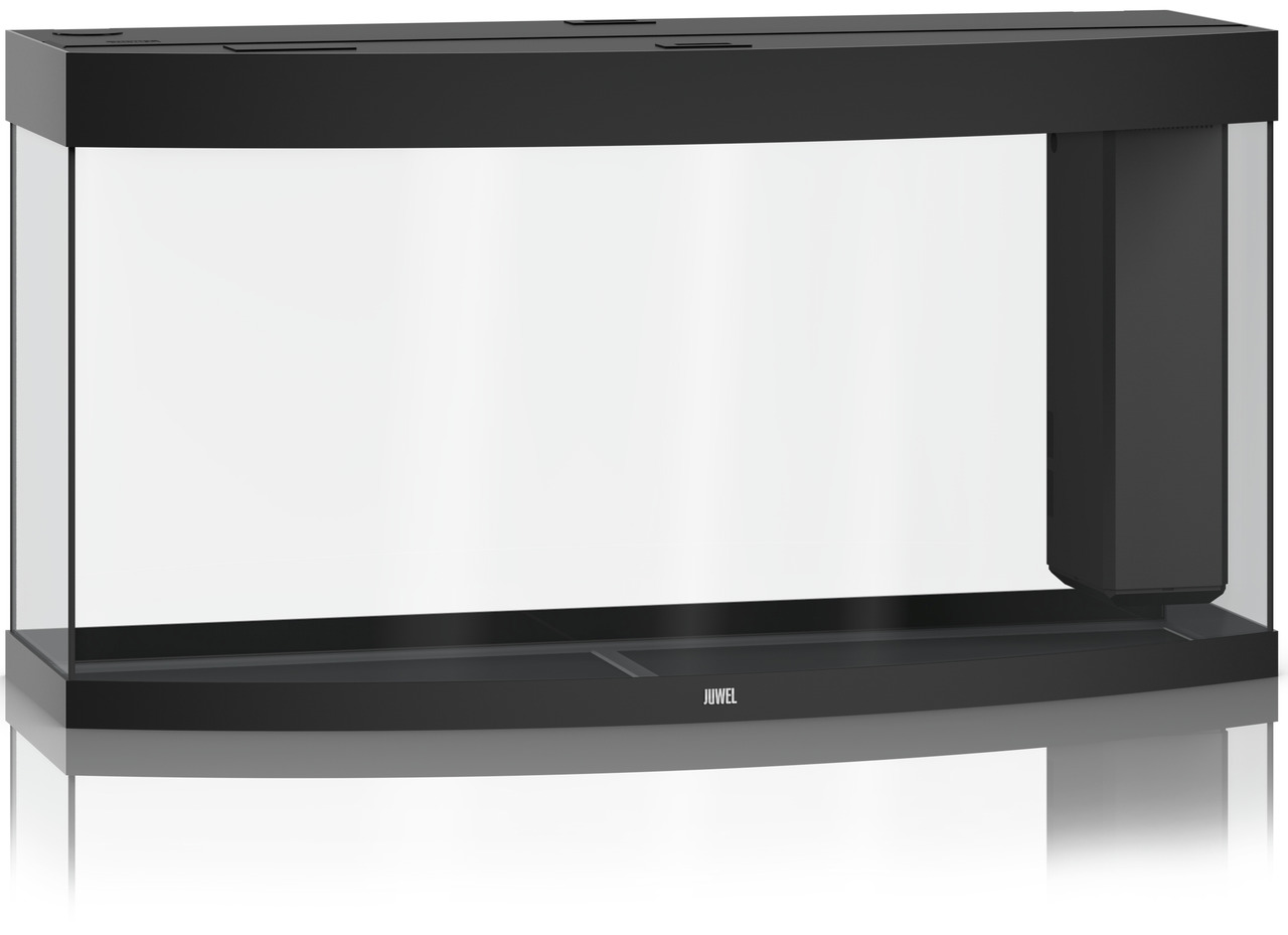 Das Bild zeigt ein JUWEL Aquarium Vision 260 in Schwarz, ein hochwertiges Aquarium für Aquaristik-Enthusiasten. Es ist für Süß- und Meerwasser geeignet und bietet ein Fassungsvermögen von 260 Litern. Das elegante, gebogene Frontglas sorgt für eine optimal