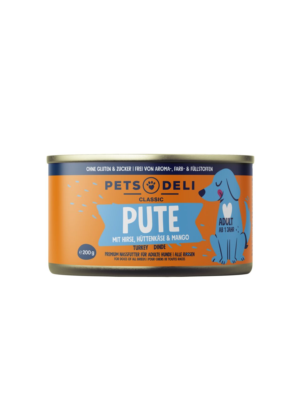 Das Bild zeigt eine orangefarbene Dose des Premium-Nassfutters „Pets Deli Classic Pute“ für erwachsene Hunde ab 1 Jahr. Die Geschmacksrichtung ist Pute mit Hirse, Hüttenkäse und Mango. Die Dose ist für alle Rassen geeignet, enthält 400 g und ist frei von 