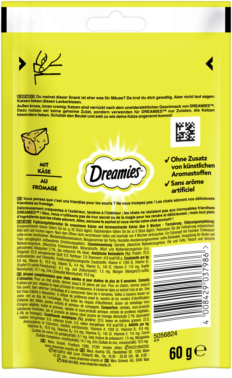 Dreamies Katzensnacks Käse, für ausgewachsene Katzen, 60 g, „Ohne künstl. Aromastoffe“.