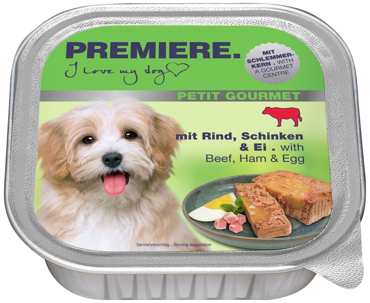 PREMIERE Petit Gourmet Hundefutter, Rind/Schinken/Ei, 100 g, für Hunde, mit Serviervorschlag u. fröhlichem Hund auf der Verpackung.