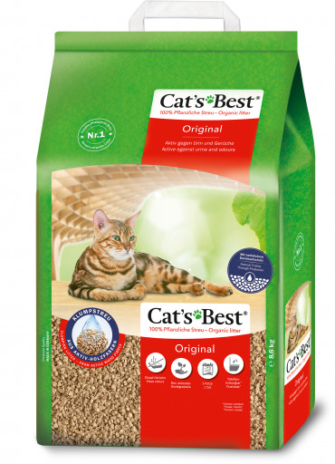 Das Bild zeigt eine grüne Verpackung der Marke CAT'S BEST mit der Aufschrift "Original". Es handelt sich um eine pflanzliche Katzenstreu für Katzen, die aktiv Gerüche bindet und aus 100 % natürlichen Fasern besteht. Die Verpackung enthält 8,6 kg Streu. Im