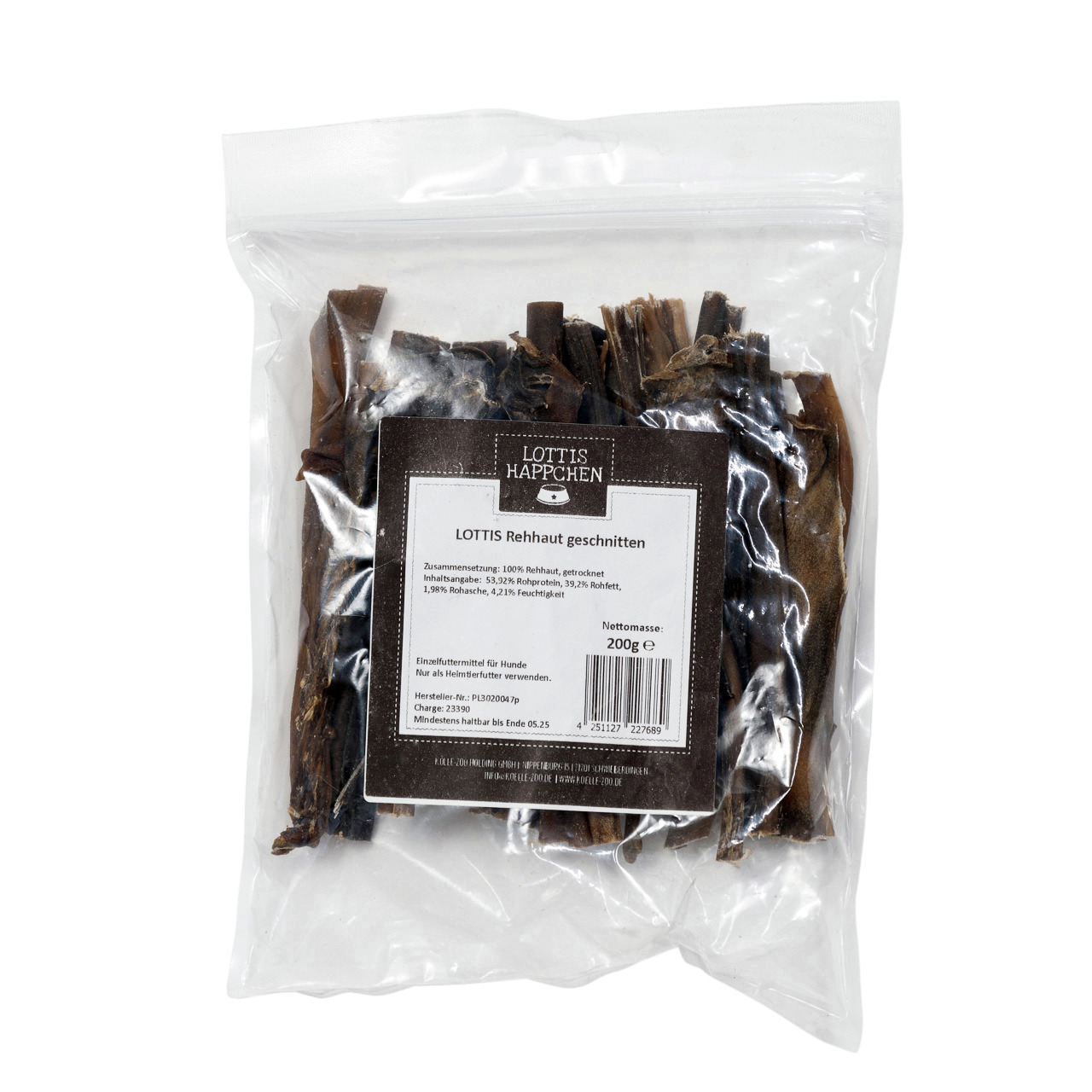 Das Bild zeigt eine transparente Verpackung mit dem Produkt „LOTTIS HÄPPCHEN Rehhaut geschnitten“. Es handelt sich um ein Einzelfuttermittel für Hunde, bestehend aus 100 % getrockneter Rehhaut. Die Verpackung enthält 200 g und ist für Hunde als Kauartikel