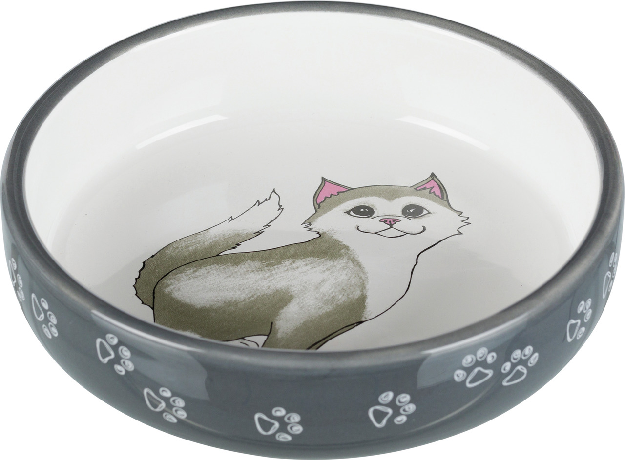 Keramiknapf für Katzen von TRIXIE, 300 ml, grau mit Katzenmotiv innen & Pfoten außen. Robust, leicht zu reinigen, ideal für Futter-Wasser.