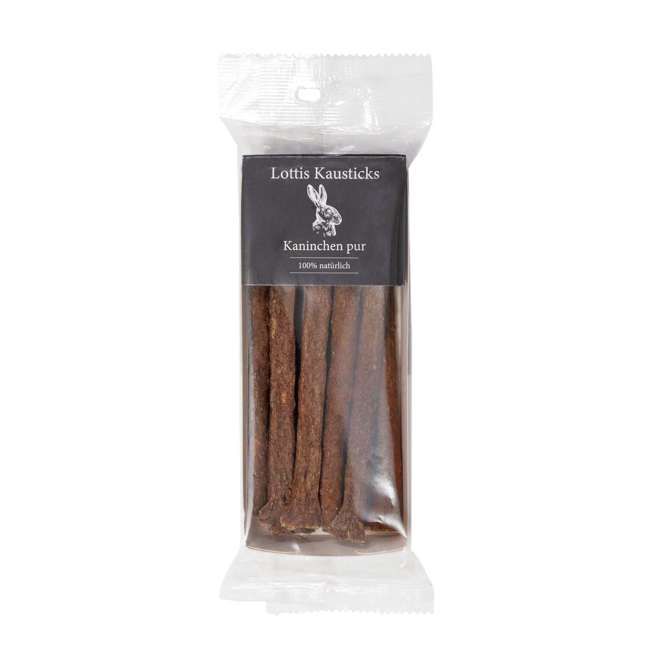 Das Bild zeigt eine transparente Verpackung mit der Aufschrift „Lottis Kausticks – Kaninchen pur – 100% natürlich“. Es handelt sich um ein Produkt der Marke Lottis Häppchen, speziell für Hunde. Die Kausticks bestehen aus reinem Kaninchenfleisch und sind i