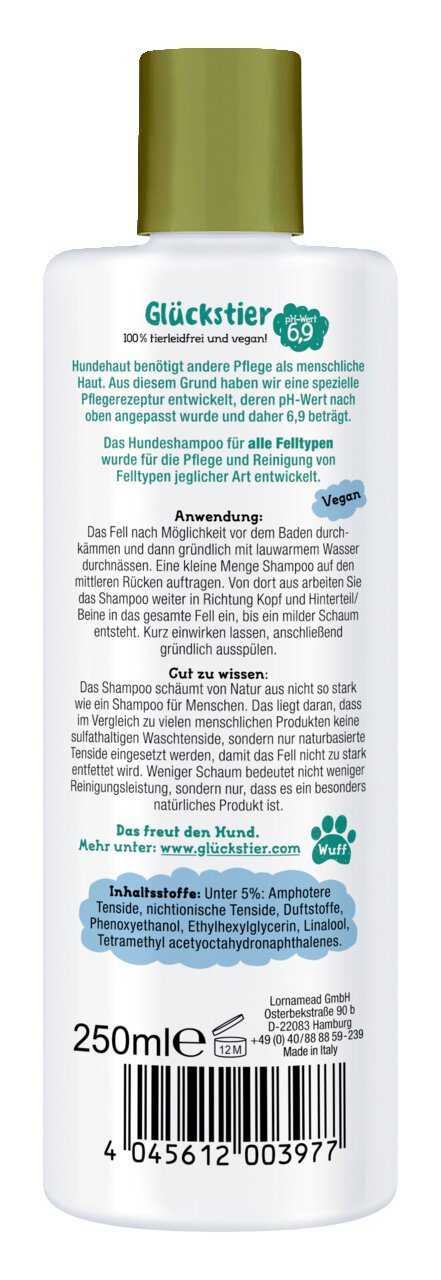 Glückstier Hundeshampoo für alle Felltypen, vegan, pH-Wert 6,9, sanfte Pflege und Reinigung, 250 ml Flasche.
