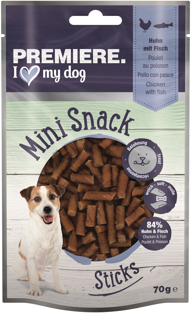Das Bild zeigt eine Verpackung des Produkts „PREMIERE I love my dog Mini Snack Sticks“ für Hunde. Die Snacks bestehen zu 84 % aus Huhn und Fisch und sind als Belohnung gedacht. Die Verpackung enthält 70 g weiche, leicht kaubare Sticks, ideal für Hunde.