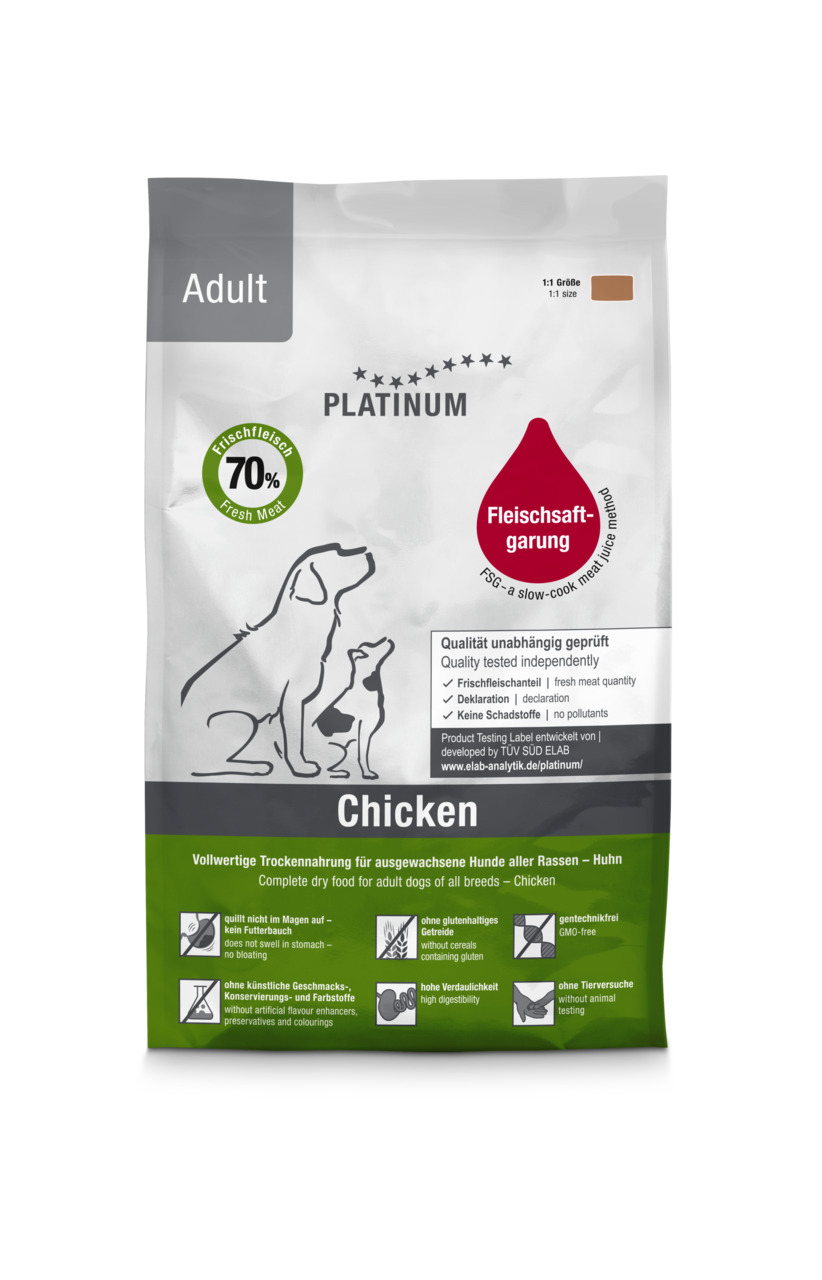PLATINUM Adult Chicken, Trockenfutter f. ausgew. Hunde, Huhn, 70 % Frischfleisch, leicht verdaulich, ohne Zusätze, 1,5 kg.