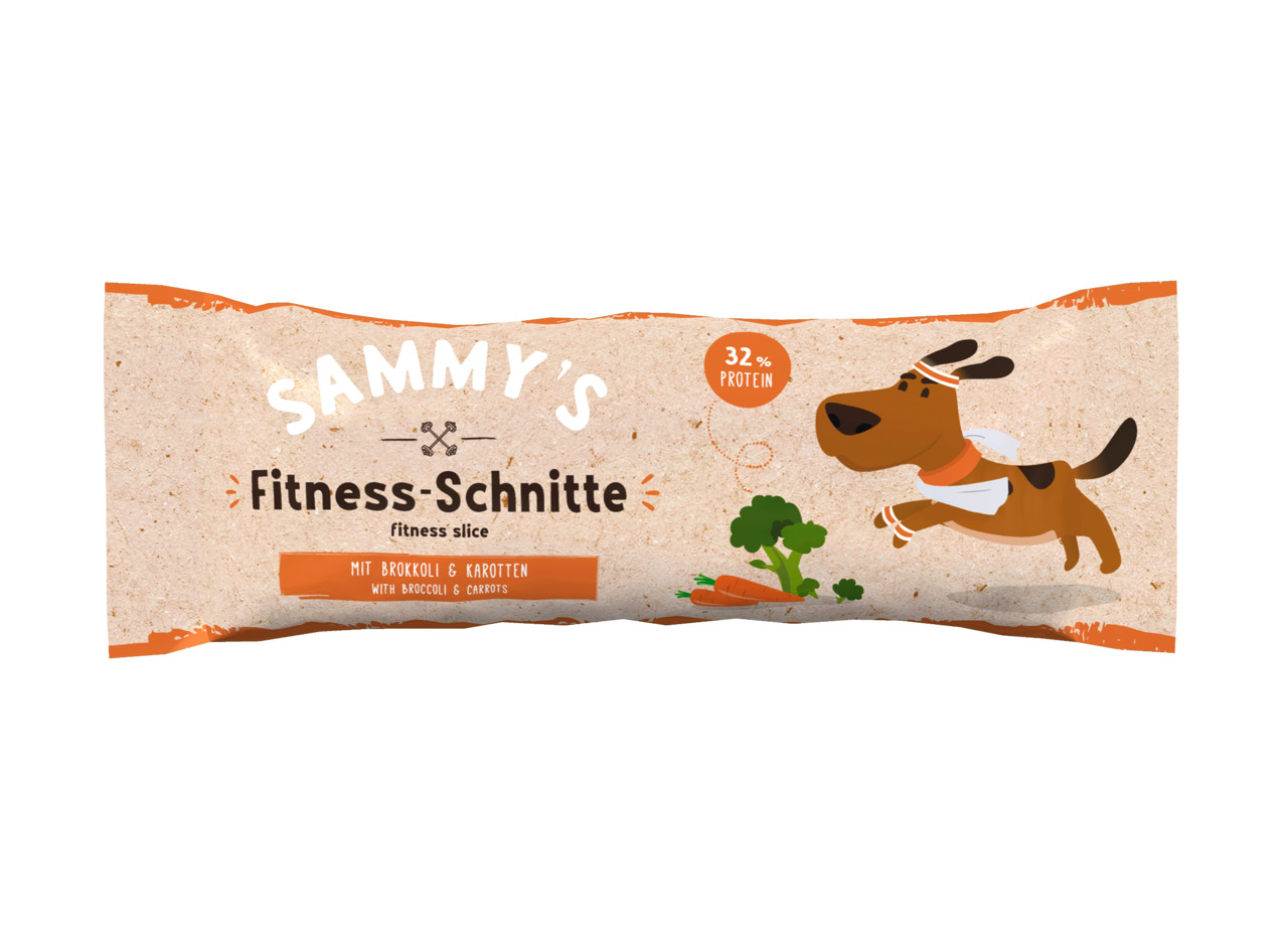 SAMMY's Fitness-Schnitte: Snack für aktive Hunde, Brokkoli & Karotten, 32 % Protein, fröhlicher Hund & Gemüseabbildungen.