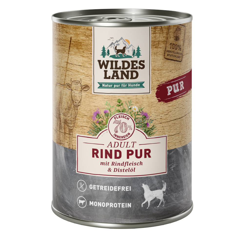 Wildes Land Adult Rind Pur, getreidefreies Monoprotein für ausgewachsene Hunde, Rind mit Distelöl, 70 % Fleisch, 400 g.