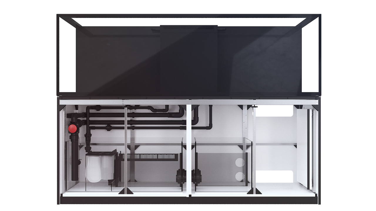 Das Bild zeigt das Red Sea Reefer Aquarium-System, ein hochwertiges Komplettsystem für Meerwasseraquarien. Es richtet sich an Aquaristik-Enthusiasten und bietet eine integrierte Techniklösung mit einem geräumigen Unterschrank, Rohrleitungen und einem Filt