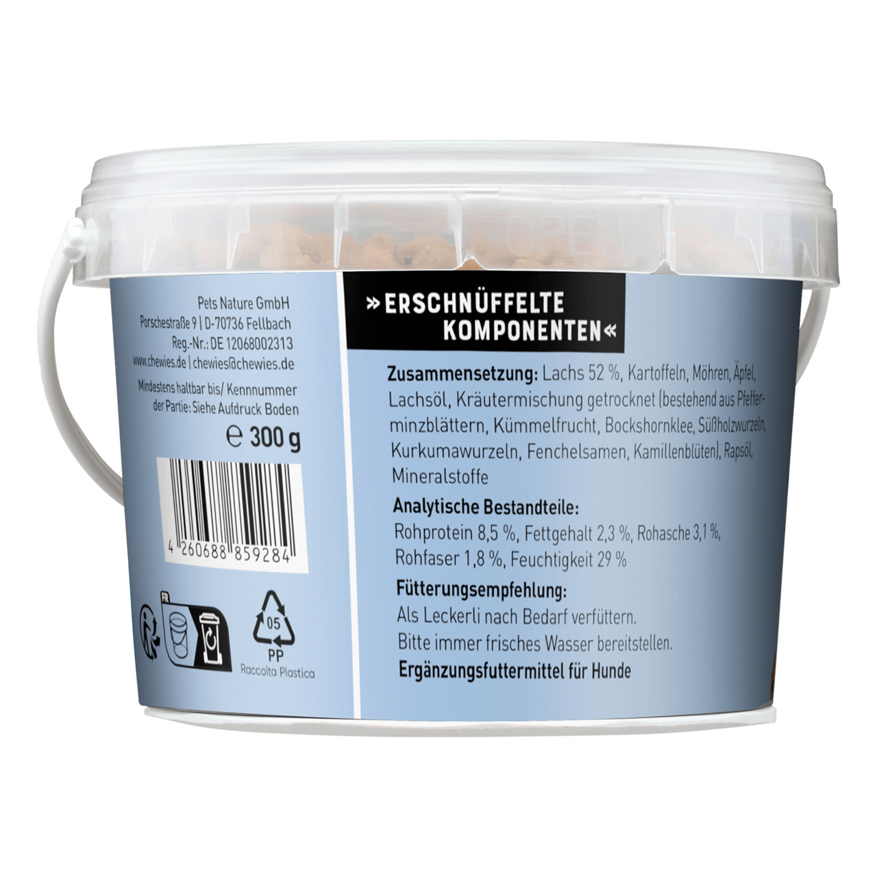 Chewies Lachshappen für Hunde, Geschmack Lachs, 300 g, mit 52 % Lachs, Kartoffeln & Kräutern, inkl. Fütterungsempfehlungen.