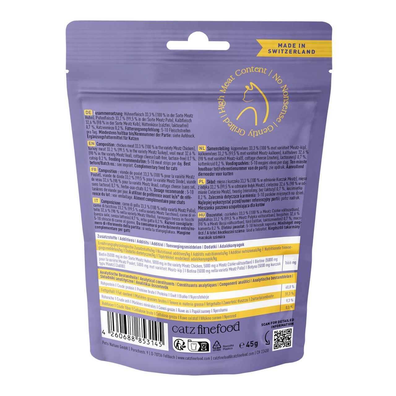 Rückseite einer lila Verpackung von Catz finefood, Ergänzungsfutter für Katzen, Geschmacksrichtung Huhn, 45 g, hergestellt in der Schweiz.