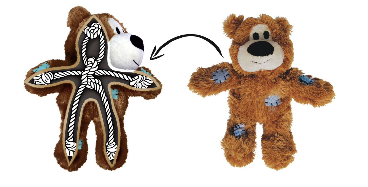 KONG Wild Knots Bear Hundespielzeug, robustes Plüschtier für alle Hundegrößen, braun mit blauen Flicken, weiche Hülle, Knoten-Seil.