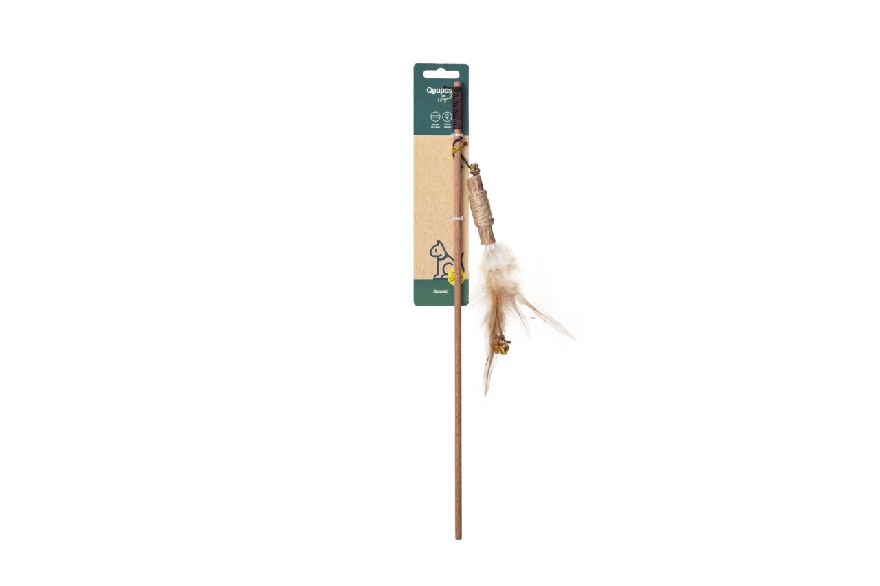 Quapas Katzenspielzeug: Holzangel mit Schnur & Naturfedern. Für Katzen jeden Alters, fördert Spieltrieb & Bewegung.