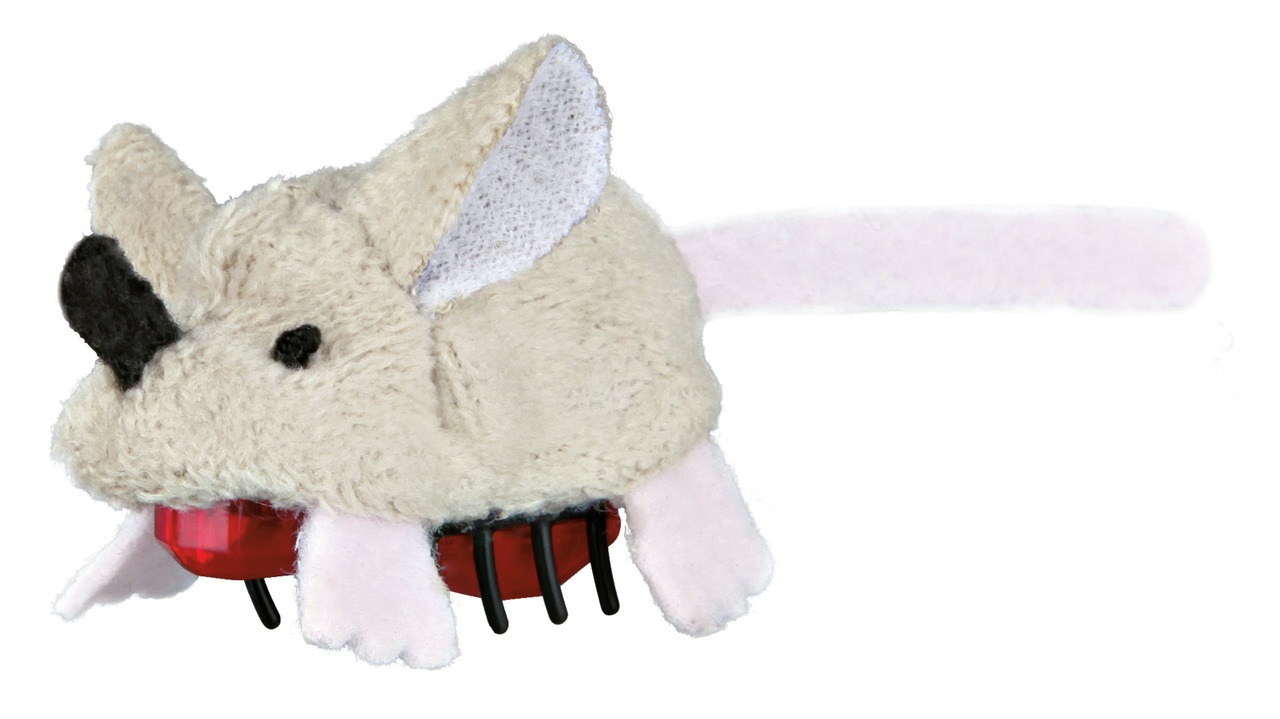 Das Bild zeigt das TRIXIE Katzenspielzeug „Plüsch-Maus mit Vibrationsfunktion“. Es ist für Katzen aller Altersgruppen geeignet und besteht aus weichem, beigem Plüsch mit rosa Details. Die Maus hat eine schwarze Nase, große Ohren und einen langen Schwanz. 