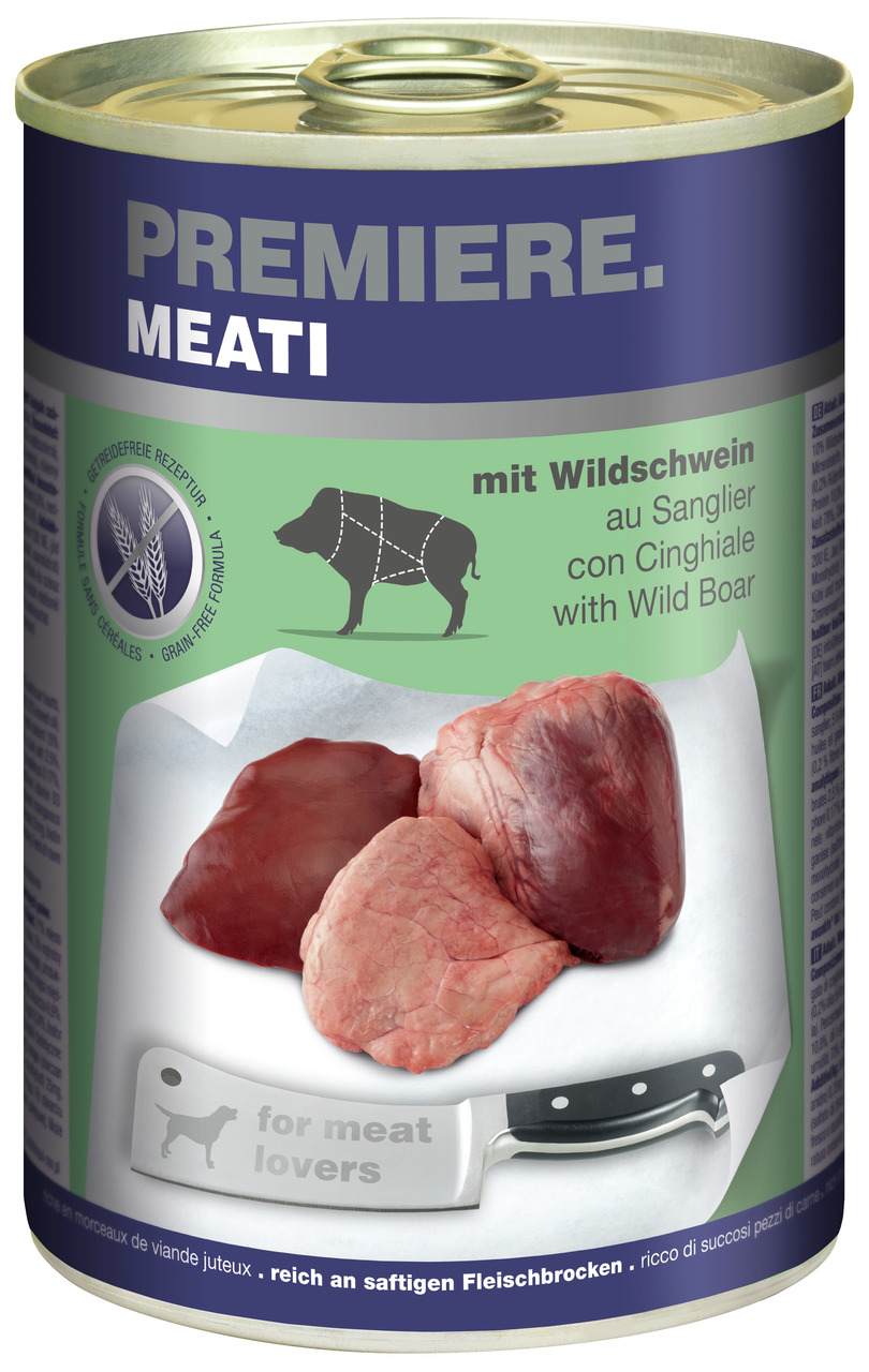 PREMIERE MEATI Hundefutter, Wildschwein, getreidefrei, reich an saftigen Fleischbrocken, 400 g.