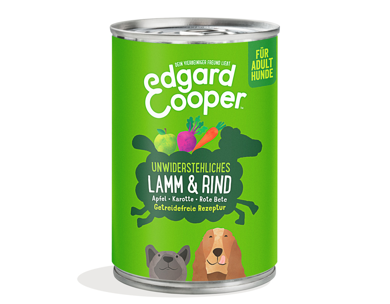 Edgard & Cooper Hundefutter, Lamm & Rind, für ausgewachsene Hunde, getreidefrei, mit Apfel, Karotte & Rote Bete, grüne Dose.