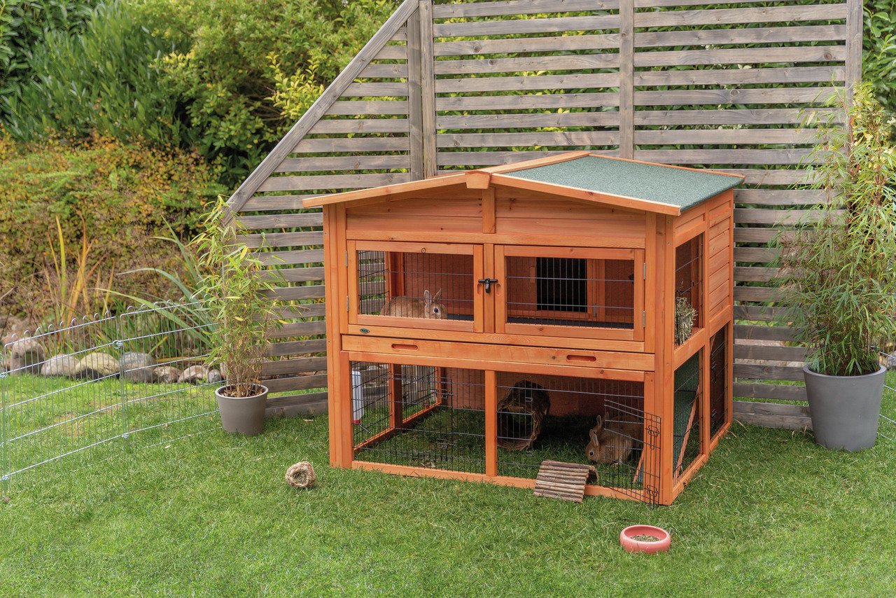 TRIXIE natura Kleintierstall XL mit Freilaufgehege zweistöckig 135x112x115cm braun