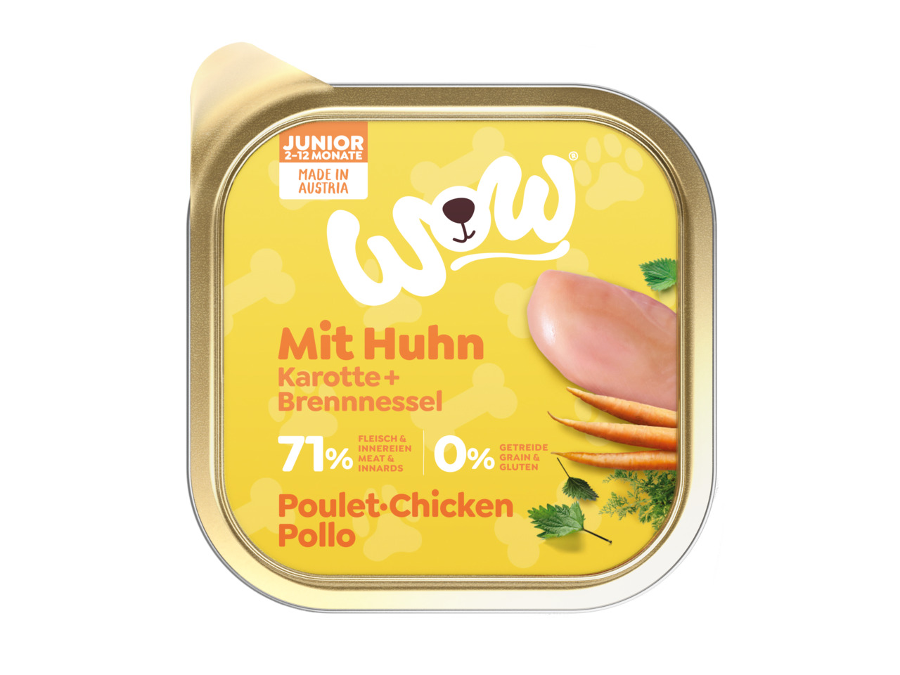 Sparpaket 22 x 150 g Wow Junior Huhn mit Karotte + Brennnessel Hunde Nassfutter