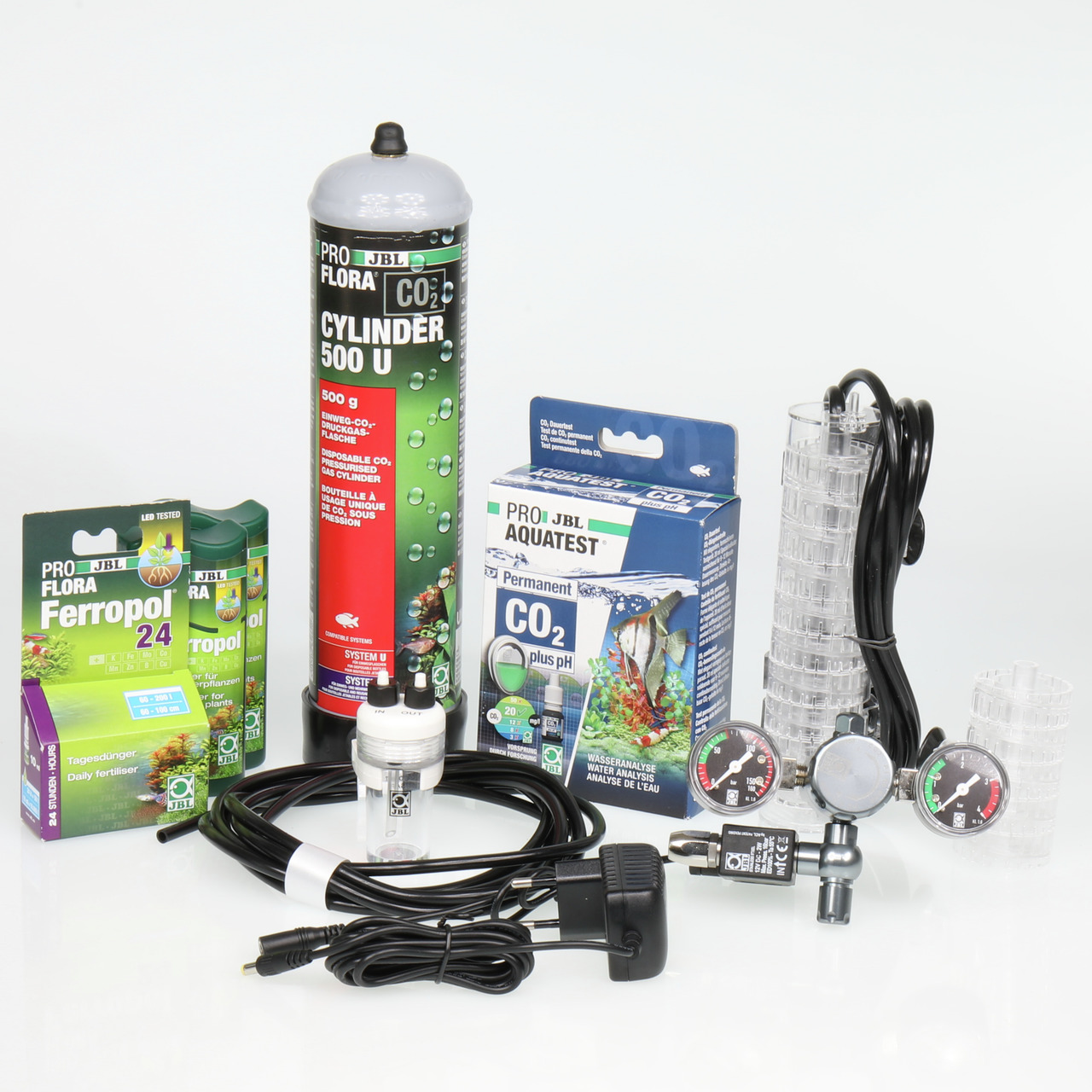 JBL ProFlora CO2-Set: Komplettsystem für Aquarien, 500 g CO2, Diffusor, Druckminderer, Dauertest, Dünger. Für Pflanzenwachstum.