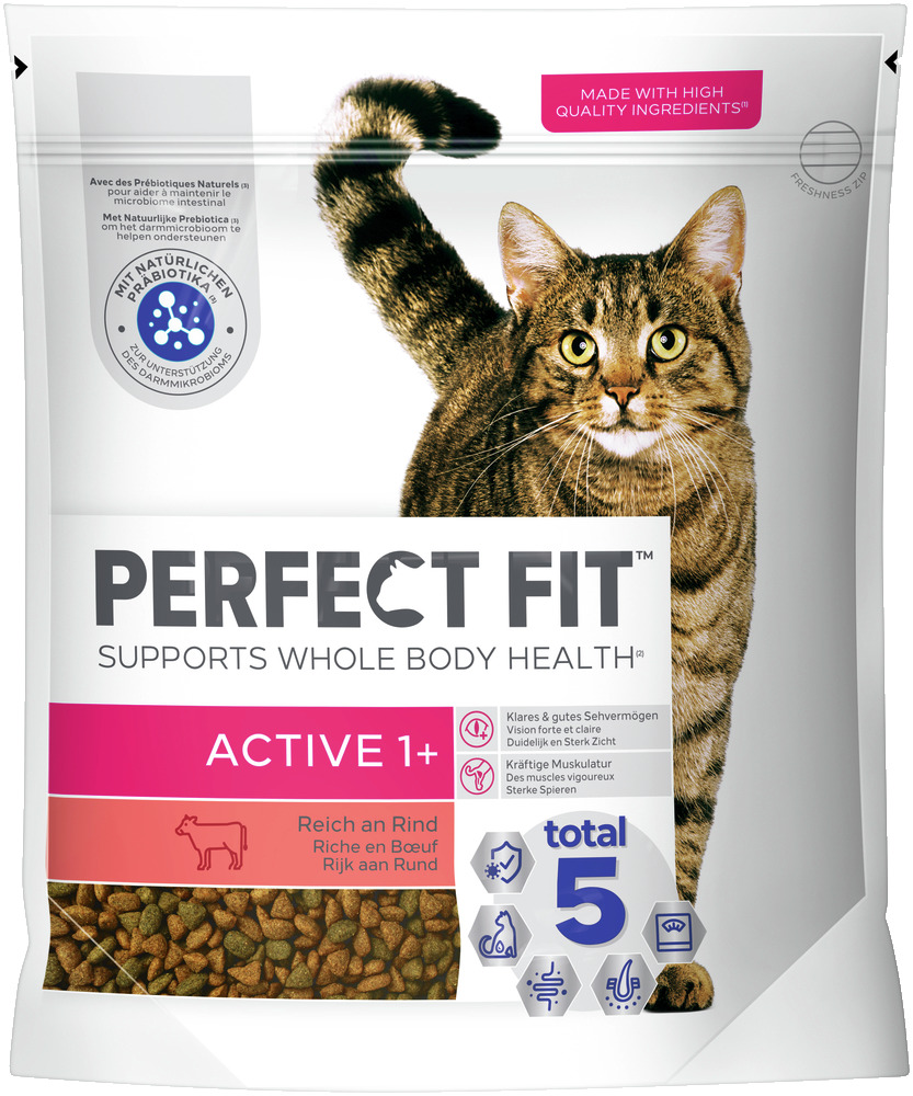 Perfect Fit Active 1+, Trockenfutter für Katzen ab 1 Jahr, Rind, unterstützt Gesundheit mit „Total 5“-Formel.