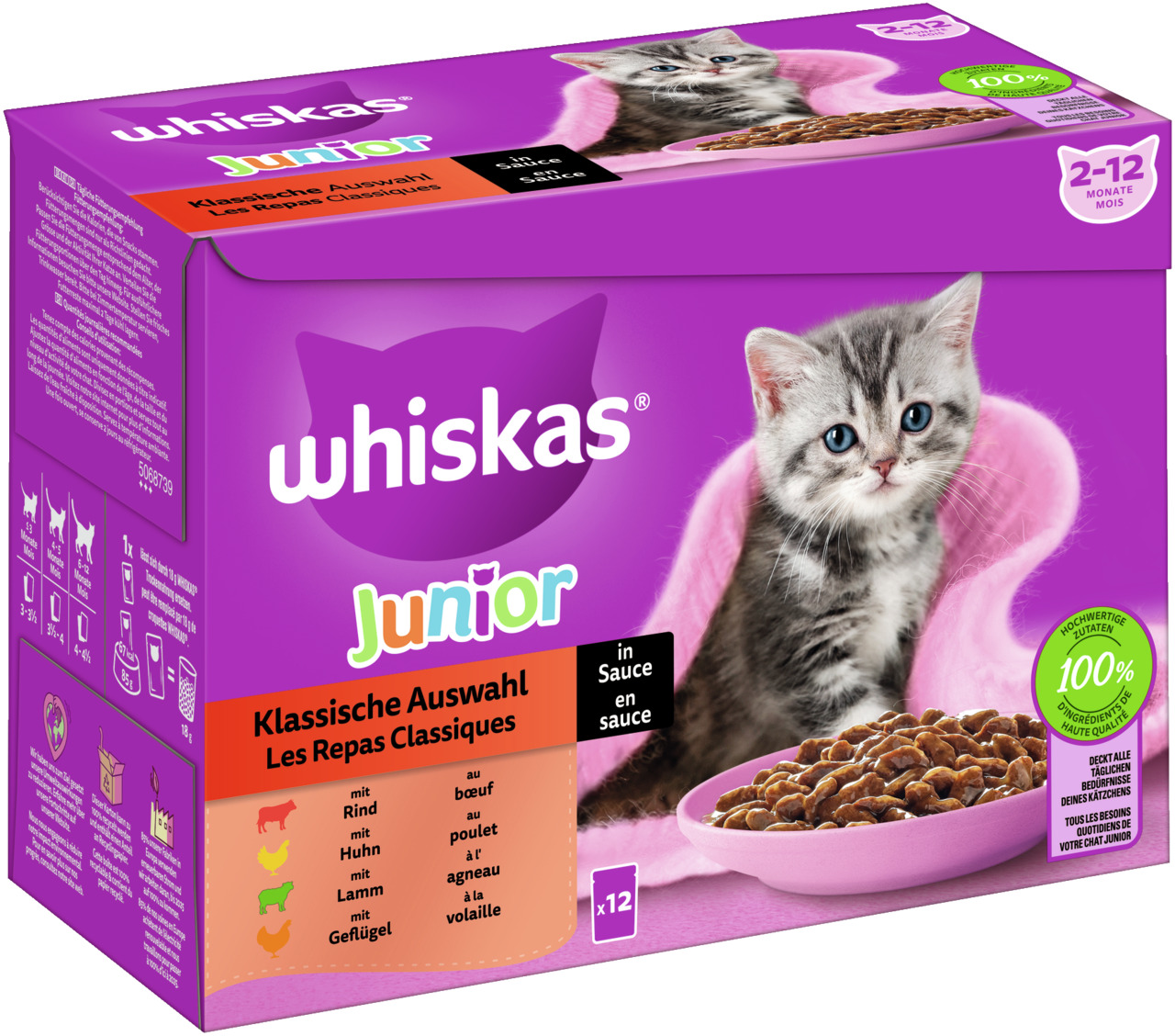 Whiskas Junior Klassische Auswahl in Sauce, für Kätzchen (2-12 Mon.), Rind/Huhn/Lamm/Geflügel, 12x Portionen, „100 % hochwertige Zutaten“.