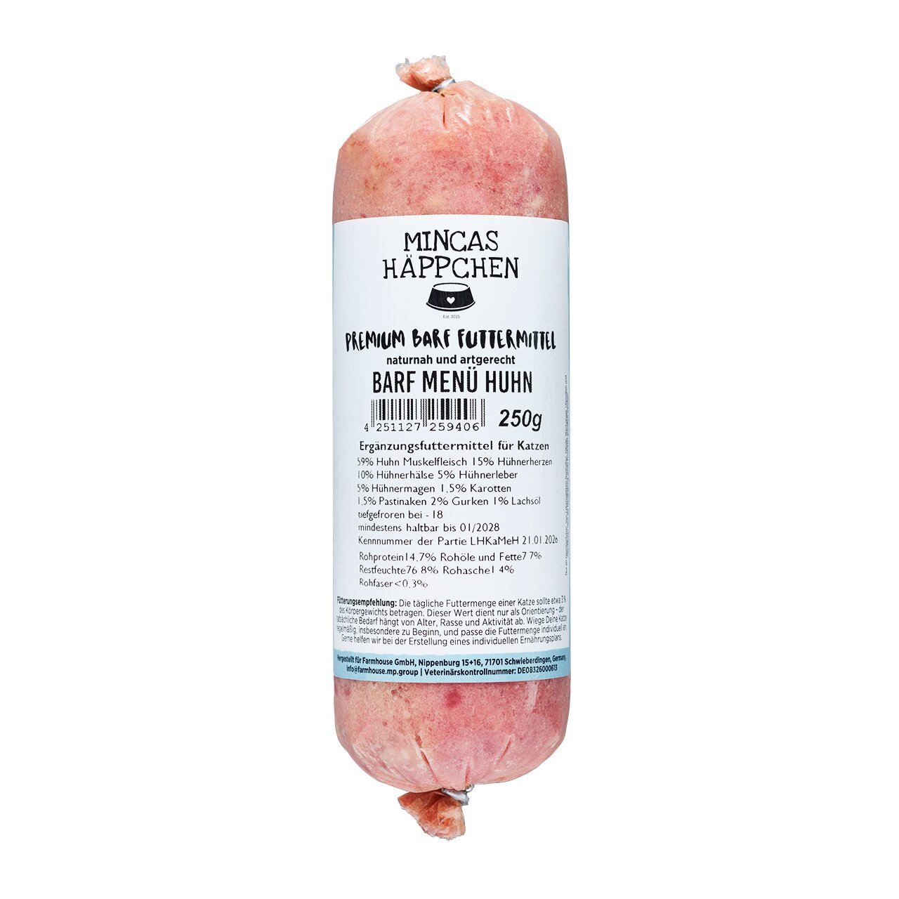 Mincas Häppchen BARF Menü Huhn für Katzen, 250 g. Premium Ergänzungsfutter, natürlich, artgerecht, Huhn-Geschmack.